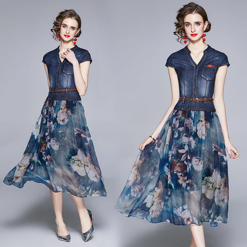 Charming & Vivid High Quality Women Autumn Dress, 2-Piece Set, Belted Denim Top + Chiffon Floral Skirt, Trendy Office & Evening Wear